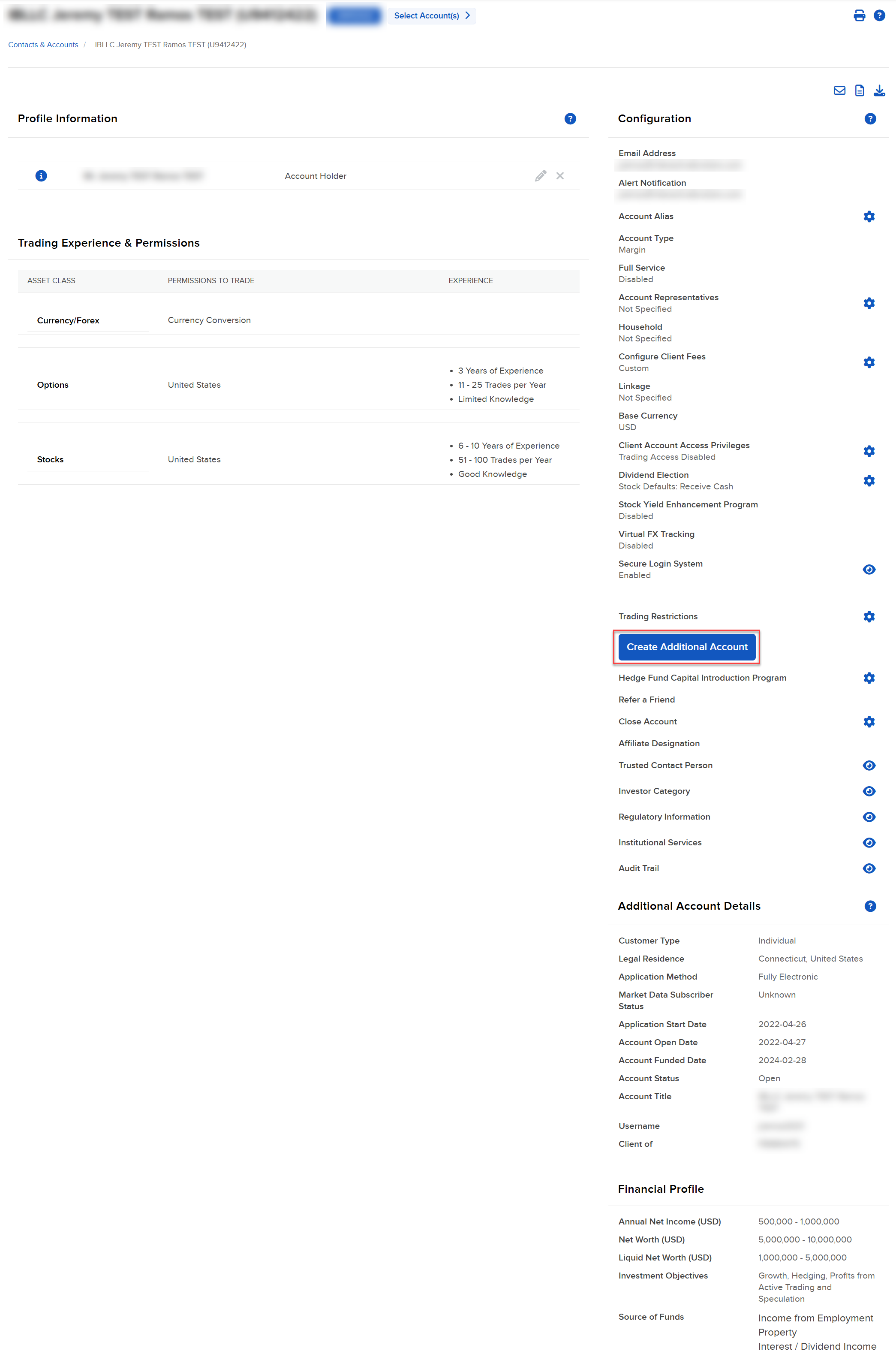 Image of the create additional account details panel in portal. 